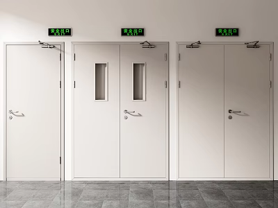 White Emergency Exit Doors With Green Signs And Glass Windows In Building Interior 3d model
