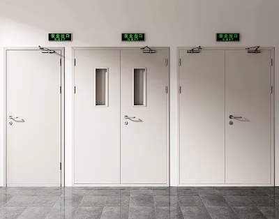 White Emergency Exit Doors With Green Signs And Glass Windows In Building Interior 3d model