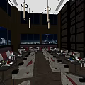 Modern Café Interior With City Night View Hanging Lights And Comfortable Seating