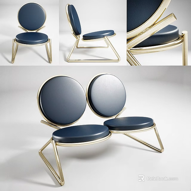 Two Modern Leisure Chairs With Navy Blue Seats And Gold Metal Frame Design 3d model 