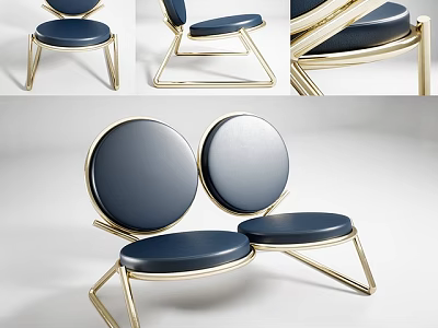 Two Modern Leisure Chairs With Navy Blue Seats And Gold Metal Frame Design 3d model