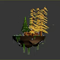 3D Floating Island Landscape With Green Pine Trees Yellow Trees Small Stream And Wooden Bridge
