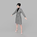 Woman Standing in Gray Plaid Coat Dress with Black Top and White High Heels