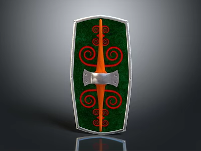 Medieval Shield Weapon With Green Surface Orange Red Spiral Patterns And Silver Metal Centerpiece 3d model