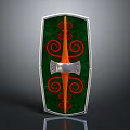 Medieval Shield Weapon With Green Surface Orange Red Spiral Patterns And Silver Metal Centerpiece
