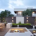 Modern Courtyard Garden Design With Water Feature Wooden Deck Lighting Outdoor Seating And Greenery