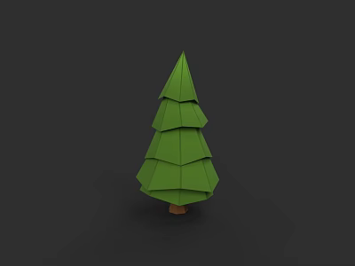 Green Origami Pine Tree With Layered Structure Brown Trunk Against Dark Gray Background 3d model