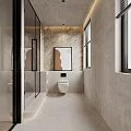 Modern Bathroom Interior Featuring Large Mirror Stone Vanity Glass Shower And Warm Ambient Lighting