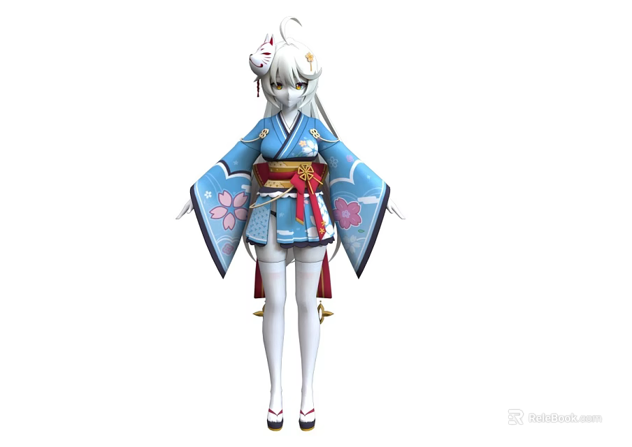 Woman Wearing Blue Kimono With Cherry Blossom Patterns Red Obi And White Stockings 3d model 