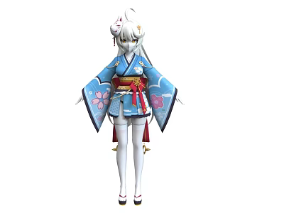 Woman Wearing Blue Kimono With Cherry Blossom Patterns Red Obi And White Stockings 3d model