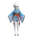 Woman Wearing Blue Kimono With Cherry Blossom Patterns Red Obi And White Stockings