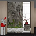 Elegant Modern Entryway Interior With Marble Backdrop Green Plants Red Vase And Elephant Figurine