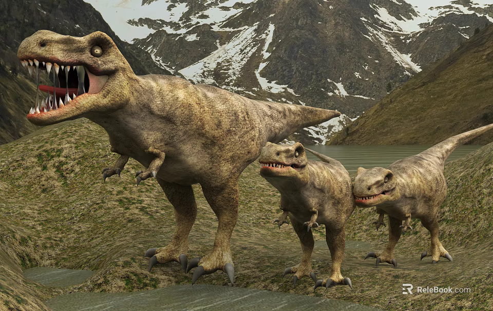 Three Reptile Dinosaurs Standing In Mountain Landscape With Lake And Green Grassland 3d model 