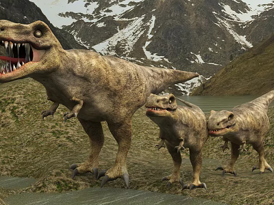 Three Reptile Dinosaurs Standing In Mountain Landscape With Lake And Green Grassland 3d model