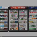 Commercial Glass Door Display Refrigerators Filled With Various Branded Beverage Bottles
