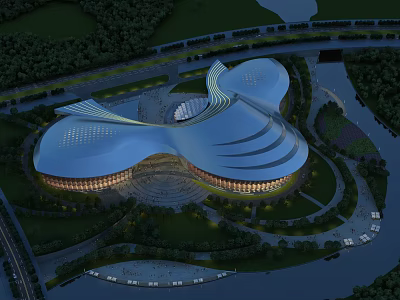 Aerial View Planning of Modern Architectural Structure With Unique Curved Roof and Surrounding Greenery Roads 3d model