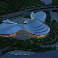 Aerial View Planning of Modern Architectural Structure With Unique Curved Roof and Surrounding Greenery Roads