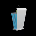 Modern White Functional Desk With Blue Striped Sides And Small Green Plant On Top