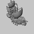 Colorful Wooden Ship with Blue Hull and Striped Sails Yellow Trim Anchor and Cannonballs Design
