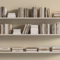 Neatly Arranged Books and Magazines on White Bookshelves with Neutral Tones