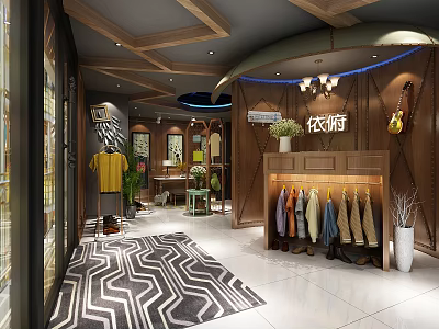 Stylish Clothing Store Interior With Hanging Clothes Wooden Decor And Patterned Rug 3d model