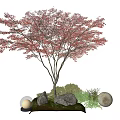 Garden Ornament With Red Leaf Tree Surrounding Stones Green Foliage Round Lantern And Mushroom Decor