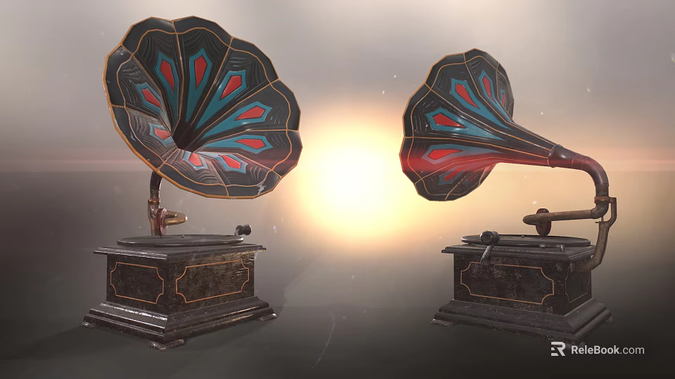 Two Vintage Gramophones With Colorful Horns And Black Patterned Bases In Sunlight 3d model 
