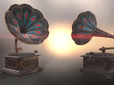 Two Vintage Gramophones With Colorful Horns And Black Patterned Bases In Sunlight 3d model