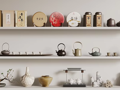 Traditional Chinese Tea Set with Teapots Teacups and Tea Cakes on Display Shelves 3d model