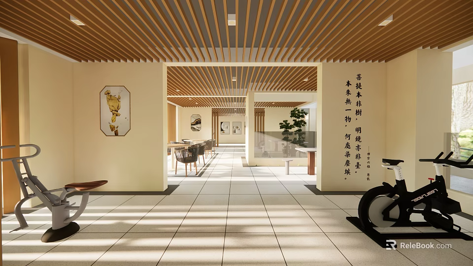 Indoor Space Featuring Wooden Ceiling Light Colored Walls Calligraphy Paintings And Fitness Equipment 3d model 