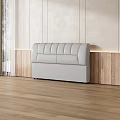 Gray Leather Double Bed with White Sheets Gray Blanket Nightstand Lamp Wooden Floor Wall Art