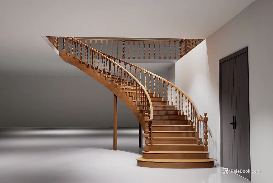 Modern Wooden Spiral Staircase with Handrail in Spacious Interior Space and Dark Door Nearby 3d model 