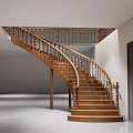 Modern Wooden Spiral Staircase with Handrail in Spacious Interior Space and Dark Door Nearby