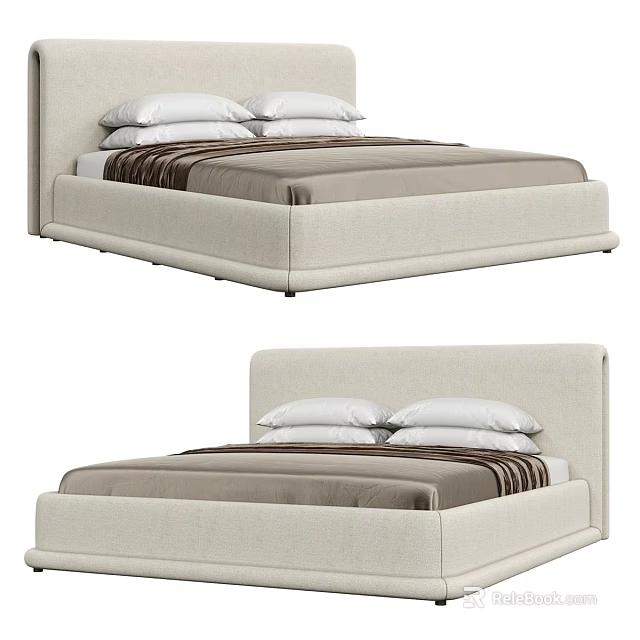 Modern Double Bed with Upholstered Headboard Brown Striped Bedding and Platform Design 3d model 