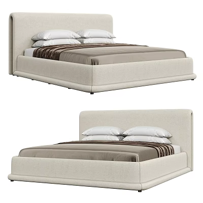 Modern Double Bed with Upholstered Headboard Brown Striped Bedding and Platform Design 3d model