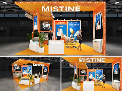 MISTINE Orange Modern Exhibition Booth With Display Panels And Staff Interaction 3d model