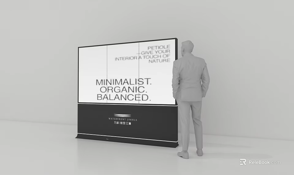Business Professional Observing Large Billboard Featuring Minimalist Organic Balanced Medical Petrochemical Themes 3d model 