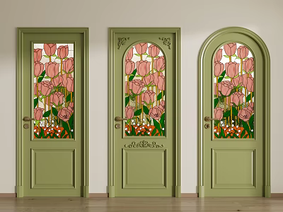 Green Casement Doors with Stained Glass Tulip Patterns and Various Arch Designs 3d model