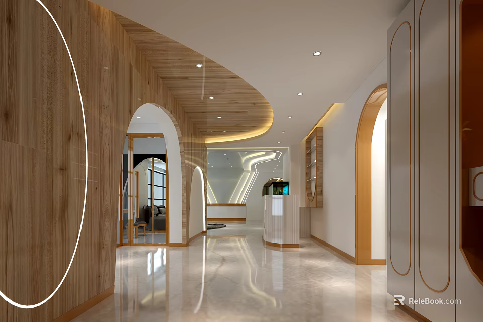 Luxury Beauty Salon Interior Design with Wooden Elements Curved Arches Marble Flooring and Reception Desk 3d model 