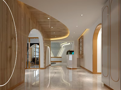 Luxury Beauty Salon Interior Design with Wooden Elements Curved Arches Marble Flooring and Reception Desk 3d model