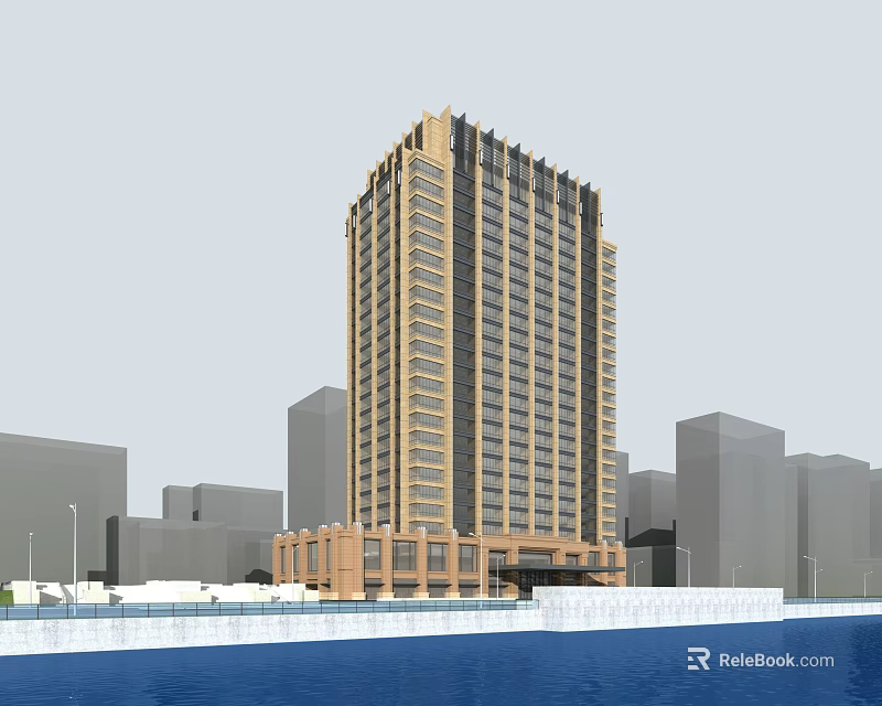 Modern Commercial Complex High Rise Building With Waterfront And Surrounding Urban Structures 3d model