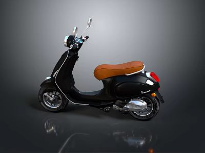 Elegant Black Scooter Featuring Brown Leather Seat and Reflective Floor Design 3d model