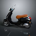 Elegant Black Scooter Featuring Brown Leather Seat and Reflective Floor Design