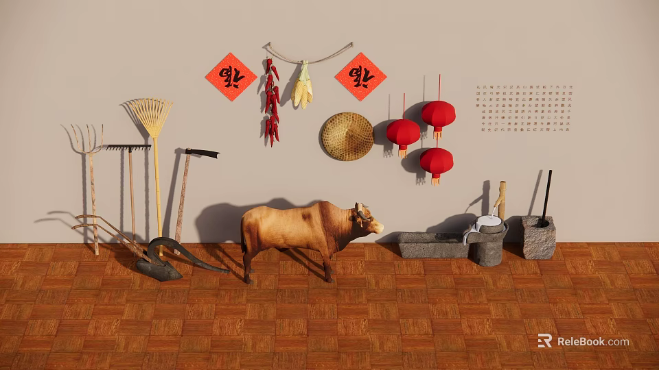 Traditional Chinese Garden Ornament With Ox Farm Tools Chili Peppers Lanterns And Fortune Characters 3d model 