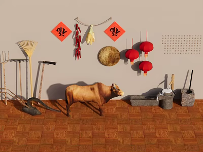 Traditional Chinese Garden Ornament With Ox Farm Tools Chili Peppers Lanterns And Fortune Characters 3d model