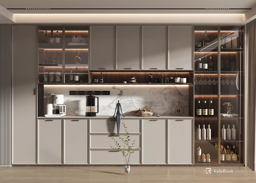 Modern Kitchen Wine Cabinet With Glass Doors Lighting And Marble Countertop 3d model 