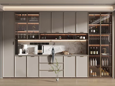 Modern Kitchen Wine Cabinet With Glass Doors Lighting And Marble Countertop 3d model