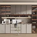 Modern Kitchen Wine Cabinet With Glass Doors Lighting And Marble Countertop