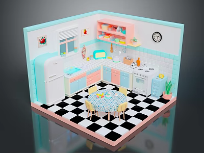 Cute Vintage Kitchen Interior With Pink Blue Cabinets White Refrigerator Dining Table And Checkered Floor 3d model