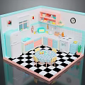 Cute Vintage Kitchen Interior With Pink Blue Cabinets White Refrigerator Dining Table And Checkered Floor